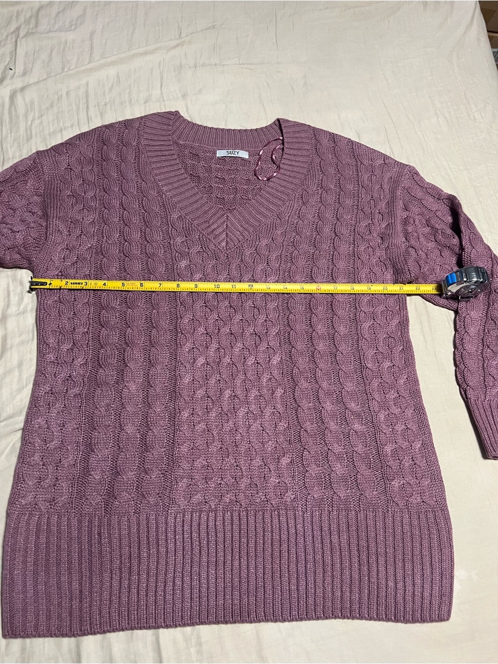 Suzy Shier Dusty Mauve Cable V-Neck Sweater
